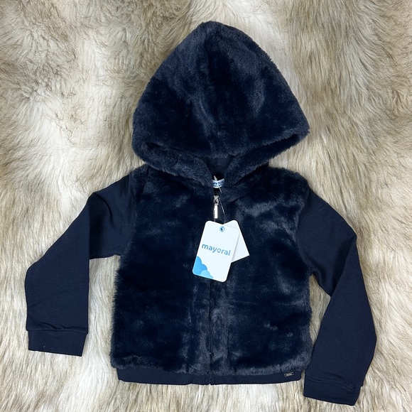 Mayoral Dark Blue Faux Fur Kids Long Sleeve Hoodie Size 5 New with Tags